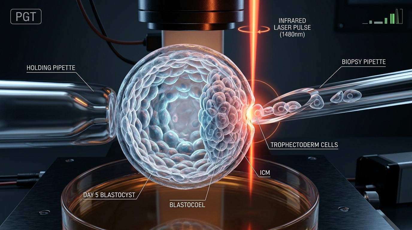 Kỹ thuật bắn laser hồng ngoại sinh thiết tế bào lá nuôi phôi nang ngày 5 cho xét nghiệm di truyền PGT